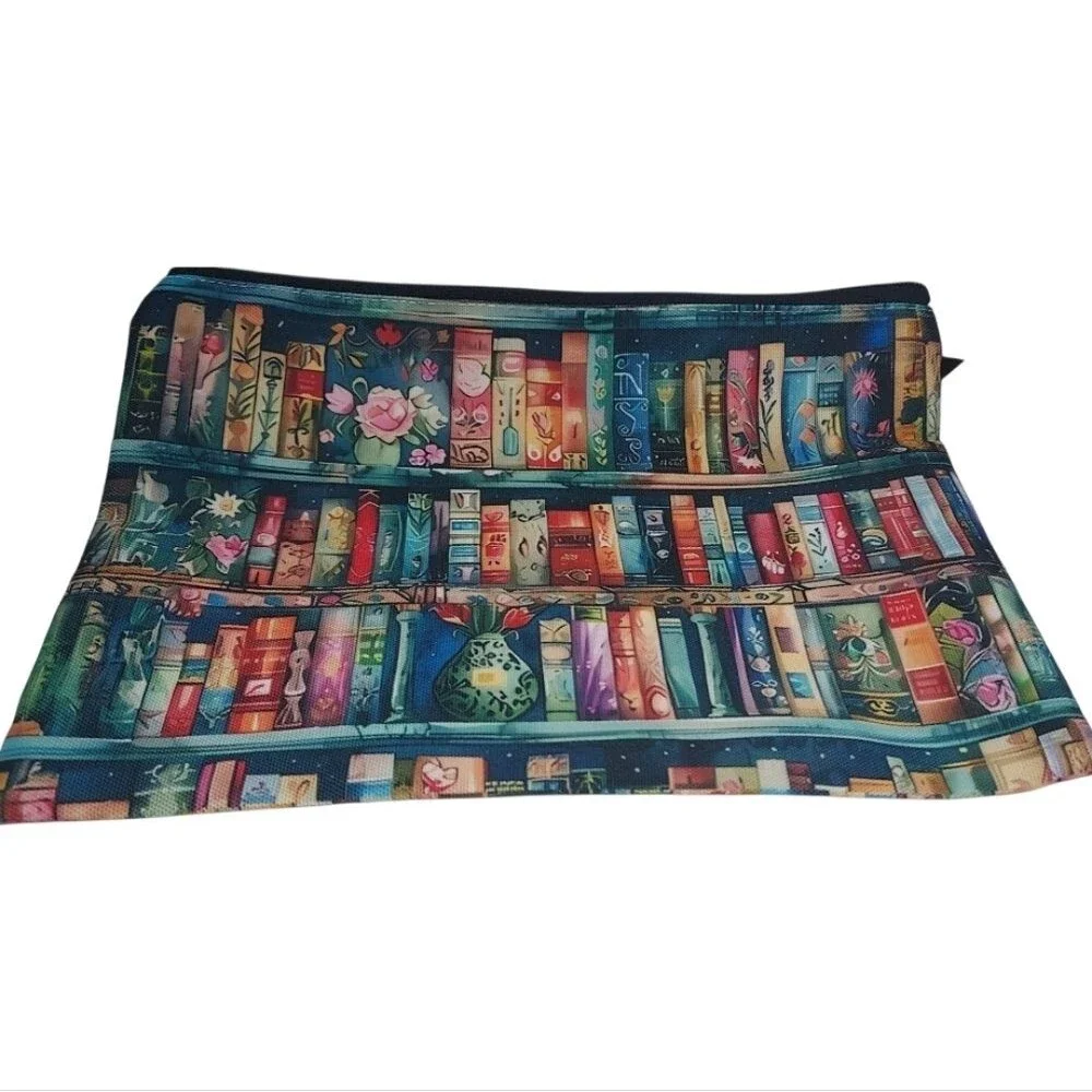 Boho Style Cosmetic, Makeup, Pencil Pouch Bag Colorful Book Print NWT